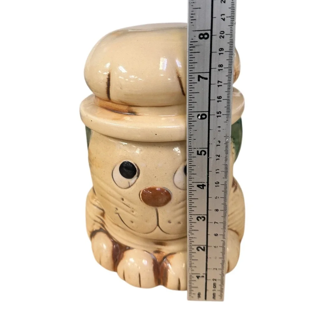 Vintage Ceramic Chef Cat Cookie Jar Hand Painted Tan Brown Kitsch Kitchen Decor